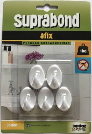 Perchas autoadhesivas oval plásticas blancas - 35 x 23 mm - 5 unidades