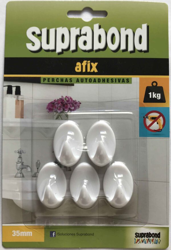 Perchas autoadhesivas oval plásticas blancas - 35 x 23 mm - 5 unidades